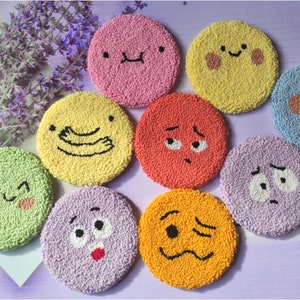 Handmade Punch Needle Coasters: Emoji Tufted Mug Rug
