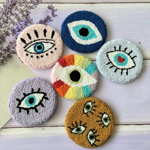 Handmade Punch Needle Evil Eye Coaster: Colorful Nazar Decor