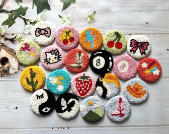 Set of 2 Handmade Punch Needle Colorful Car Coasters, Magic Ball, Cherry, Cacti, Hello Kitty, Cowgirl, Mushroom Figured Tufted Car Coasters