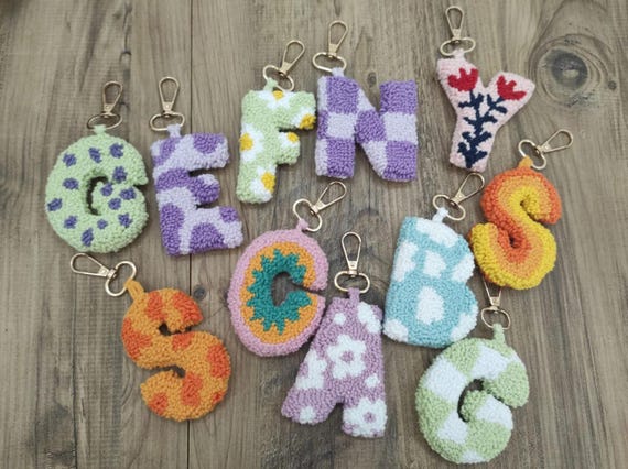 Personalized Punch Needle Letter Keychain: Handmade Tufted Bag