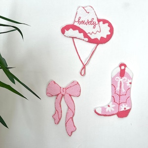 Pink Cowboy Boot & Hat Punch Needle Wall Hanging: Tufted Western Decor