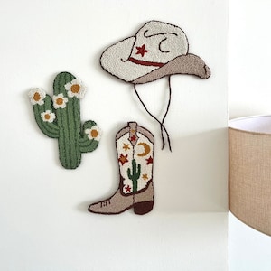 Tufted Wall Hanging, Punch Needle  Wall Decor, Cowboy Boot, Cactus, Embroidery Wall Rug, Handmade Gift New Home