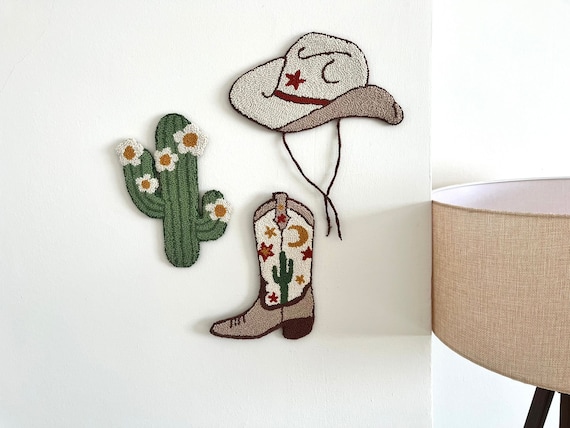 Tufted Cowboy Boot Wall Hanging: Cactus Embroidery Wall Decor
