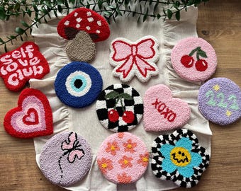 Handmade Punch Needle Coaster: Mushroom, Cherry, Butterfly & More