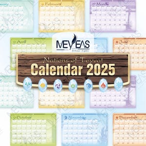 Druckbarer Kalender 2025, Genshin Auswirkungen, A4 Sofort-Download, Monatsplaner, Buchstabe Sonntag Start, Element Nation von Teyvat