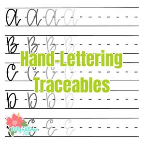 Puede incluir: Una hoja de práctica de caligrafía con las letras A, B, C, D y E en letra cursiva. Cada letra se muestra en negro, seguida de tres versiones en gris cada vez más claro para calcar. El texto Hand-Lettering Traceables está centrado.
