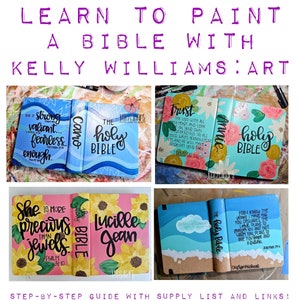May include: A collage of four painted Bible covers. The covers feature various designs, including flowers, waves, and sunflowers. The text on the covers includes "The Holy Bible", "Trust", "She is more precious than jewels", and "For I know the plans I have for you", along with Bible verses.