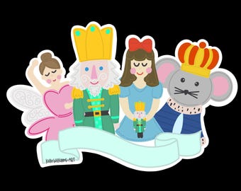 May include: A colorful illustration of characters from the Nutcracker ballet. A pink fairy with wings, a green nutcracker soldier, a girl in a blue dress, and a gray mouse king with a crown. The characters are standing on a light blue ribbon with the text "Kelly Williams-ART" on it.