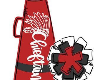 Peut inclure: Mégaphone de cheerleading rouge et noir avec un couvre-chef en plumes blanches et le mot "Chieftains" écrit dessus. Un pompon rouge et noir est à côté du mégaphone.