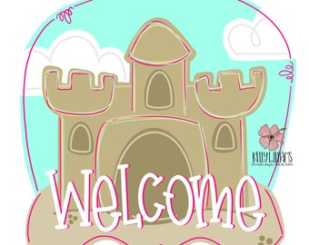 May include: A welcome sign with a sandcastle and the word "Welcome" in pink lettering. The sandcastle is brown and has a blue sky and white clouds in the background.
