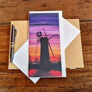 How Hill Sunset Mill. Norfolk Broads. Greetings Card. Original Design.  Blank inside for your own personal message.