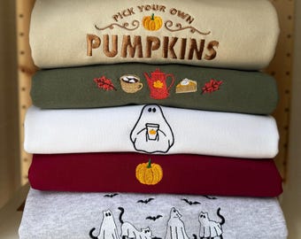 Embroidered Halloween Sweatshirt: Ghost Cats, Pumpkins, Autumn Jumper, Fall Hoodie | Adults & Children's Halloween jumpers