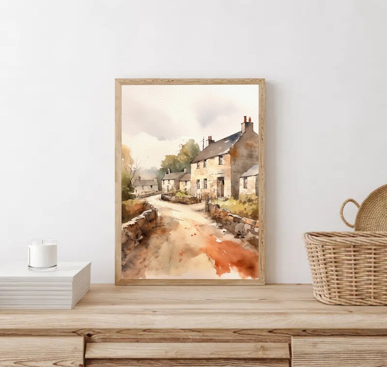 Scourie Painting Scottish Village Watercolor Art Print Old Houses Street Cityscape Wall Art