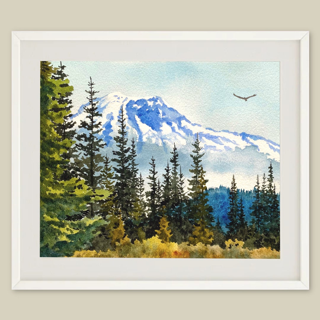 Mount Rainier Painting National Park Art Print Pine Forest Wall Art