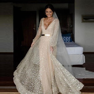 Custom Sparkle Wedding Dresses With Detachable Coat, Long Sleeves V Neck Bridal Gown, 2 Piece wedding dress, Champagne color