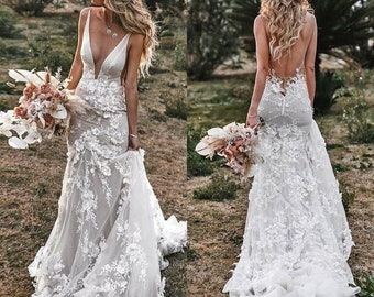 Mermaid Wedding Dress, V-neck Backless Lace Bridal Gown, Floor length Bridal robe, Designer Wedding dress