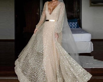 Custom Sparkle Wedding Dresses With Detachable Coat, Long Sleeves V Neck Bridal Gown, 2 Piece wedding dress, Champagne color