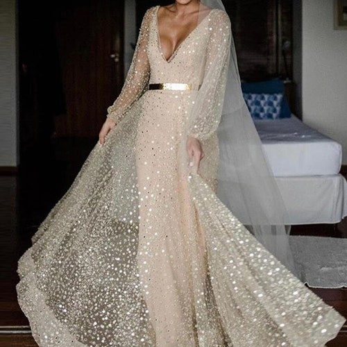 Sparkle Wedding Dresses With Detachable Coat Long Sleeves V - Etsy
