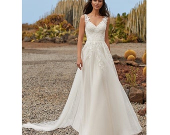 Simple Wedding dress, Floor length wedding robe, Lace bridal gown, Plus size wedding dress,  custom made gown