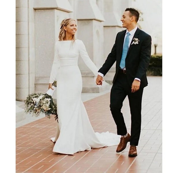 Simple wedding dress,Long sleeves Church wedding dress,Satin bridal gown