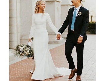 Simple wedding dress,Long sleeves Church wedding dress,Satin bridal gown