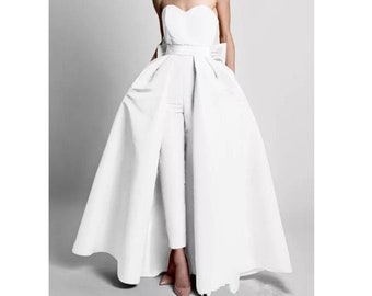 Wedding Jumpsuit with train, Jumpsuit with Deatachable Skirt, Evening dress Formal Pants Suit, Prom Dress With Bow, Available in 2more color