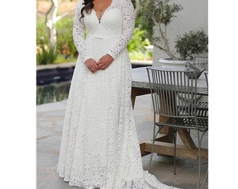 Plus Size Wedding Dress, A-line Belt Bridal gown,Long Sleeves Bridal dress,Lace wedding dresses,Customized wedding dress
