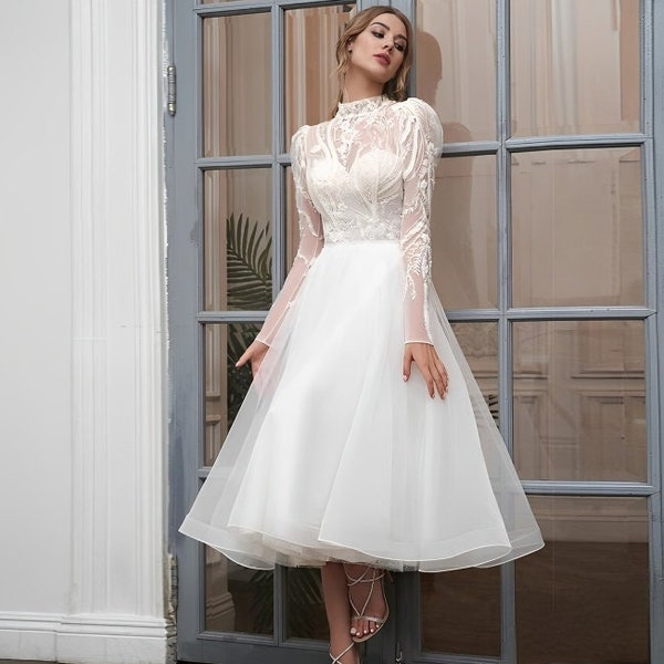 Long sleeves short wedding dress,Modest wedding dress,white bridal skirt,High neck bridal gown,Tea length bridal dress