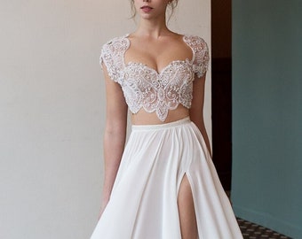 Two Piece wedding dress,Lace bridal top,White Bridal skirt,Boho wedding dress,Beach wedding dress