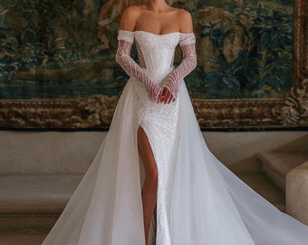 Luxury wedding dress with Detachable skirt,Romantic wedding dress,Reception wedding dress with Slit