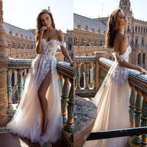 2021 Beach Wedding Dresses V Neck Long Sleeves Lumbar Lace Bridal Gown  Backless High Split Ruffle Sweep Train Robes De Mariee - AliExpress