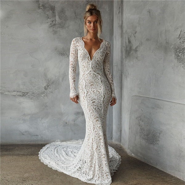Lace Wedding Dress, Long Sleeve Bridal Gown, Mermaid Bridal Robe, Deep V  Neck wedding dress,Vestido De Noiva