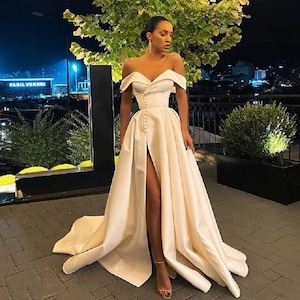 Elegant Bridal Gown, High slit Wedding reception Robe, Off Shoulder Floor length dress, Bridal Outfit