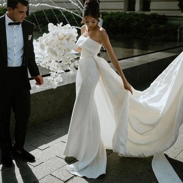 Satin wedding dress with Detachable Train,Strapless bridal gown,Mermaid wedding gown