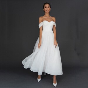 Tea length wedding dress, Off shoulder short Elopement dress, Civil weddig dress, Elopement dress, Customized bridal dress