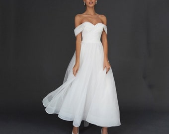 Tea length wedding dress, Off shoulder short Elopement dress, Civil weddig dress, Elopement dress, Customized bridal dress