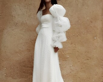 Puff sleeves A-Line wedding dress,Pearl bridal gown,Romantic wedding gown,Trail wedding robe