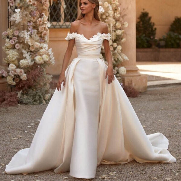 Customized wedding gown with Detachable train, Luxury bridal skirt, Off shoulder bridal gown, Gorgeous Reception Gown
