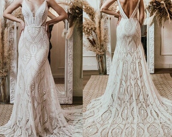 Abito da sposa senza spalline con scia, splendidi abiti da sposa, abito da sposa in pizzo Boho, abito da sposa da spiaggia