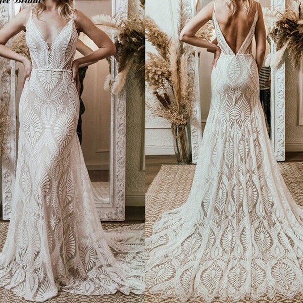 Spaghetti Straps Bridal Gown with trail, Gorgeous Wedding Dresses, Boho lace wedding dress, Beach wedding gown