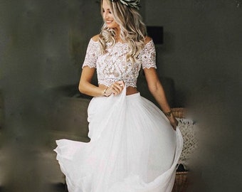 Abito da sposa in due pezzi, abito da sposa da spiaggia Boho, camicetta da sposa e gonna bianca, abito da fuga d'amore