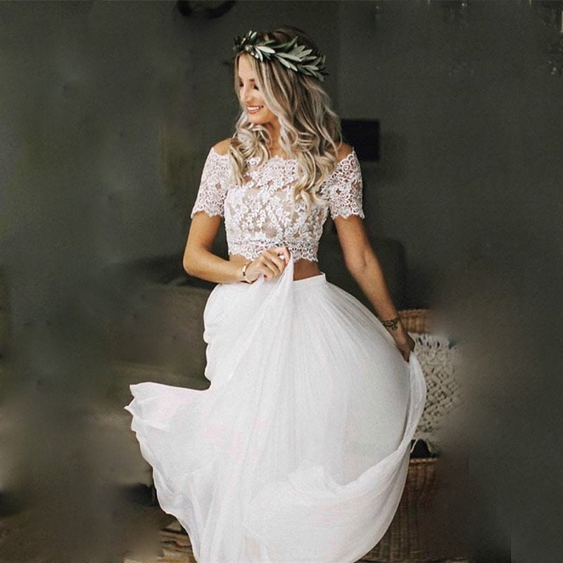 Two Piece Wedding Dress, Wedding Separates, Lace Crop Top, Long