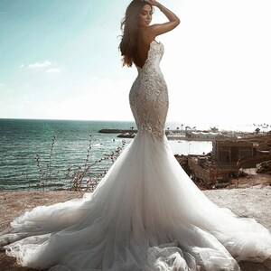 Strapless Mermaid wedding dress with trail,Beaded bridal gown,Customized Vintage wedding gown image 4