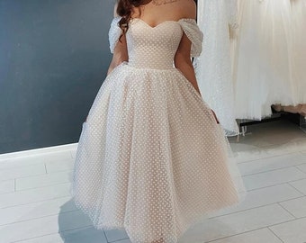 Civil wedding dress,Engagement photoshoot dress,Tea lenght bridal skirt,Court house wedding dress