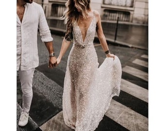 Glitter Backless Wedding Dresses, Deep V-neck Shiny Robe, Sexy Prom dress, Customized plus size dresses