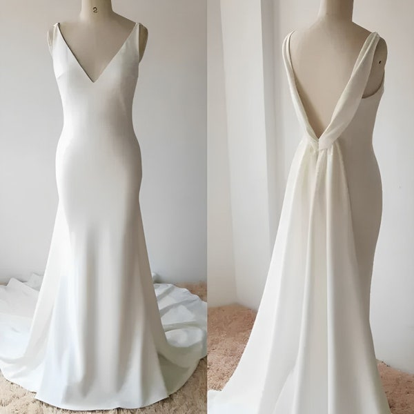 Simple satin wedding dress,Mermaid bridal gown,Open back bridal dress,Deep V neck white dress