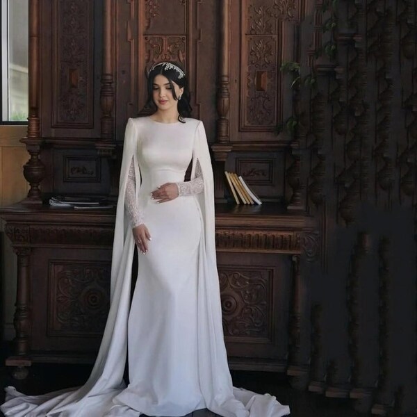 Classic wedding robe with Cape sleeves,Modest bridal dress,Long Sleeves Elegant wedding dress