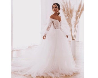 Abito da sposa romantico, Abito da sposa boho con spalle scoperte, Abito da sposa principessa