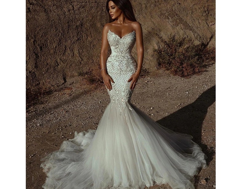 Strapless Mermaid wedding dress with trail,Beaded bridal gown,Customized Vintage wedding gown image 1