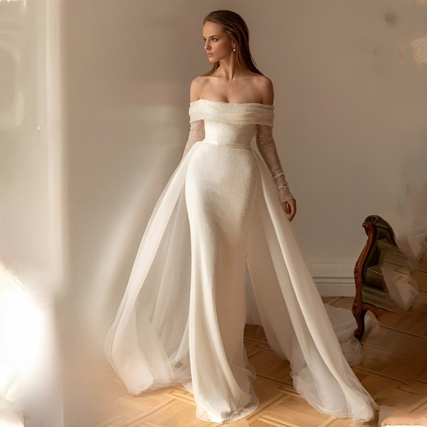 Mermaid Wedding Dresss,Sequined Off The Shoulder Full Sleeves bridal gown,Luxury wedding dress with Detachable Skirt